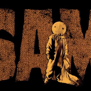 an image of a person standing in front of the word slam on a black background Halloween Sam Sam From Trick Or Treat, Sam Trick R Treat Pfp, Saw Movie Font, Sam Trick R Treat, black