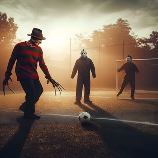 three people in scary costumes playing soccer Cool Halloween Football Freddy Jason Michael Ghostface, Football Halloween, Freddy Jason Michael Leatherface Ghostface, sienna