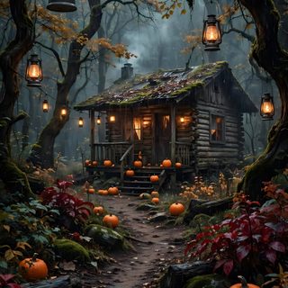 an old cabin in the woods with lanterns hanging from it's roof and pumpkins growing on the ground Halloween Forest House dark slate gray