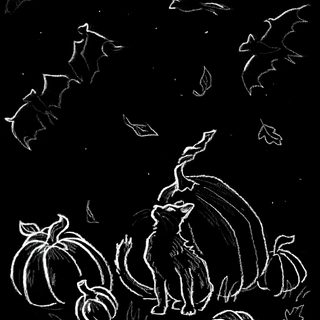 a black and white drawing of bats, pumpkins and a dog in the dark Halloween Chalkboard Art Charcoals, Marker Drawing, White Charcoal, Charcoal Drawing, Halloween Paper, black