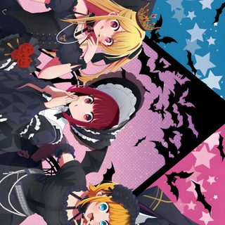the anime characters are standing in front of an abstract background with stars and bats on it Oshi No Ko Halloween Oshi No Ko Halloween, Oshinoko Poster, Aqua And Ruby Official Art, dark slate gray