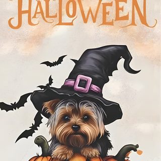 a dog wearing a witches hat and sitting on top of a pumpkin with the words happy halloween Yorkie Halloween Halloween Chihuahua, Chihuahua Halloween Background, Halloween Yorkie Dog Sign, wheat
