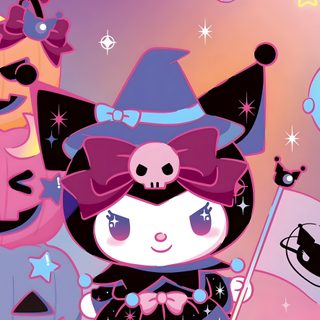 two cartoon characters are standing next to each other in front of a purple background with stars and moon Kuromi Sanrio Halloween Kuromi Hallowen, Kuromi Halloween Iphone, Kuromi Tablet, Kuromi Fall, rosy brown