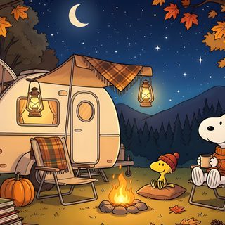 a cartoon dog sitting in front of a camper at night Snoopy Halloween Laptop dark olive green