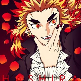 an anime character with blonde hair and red eyes holding his hand up to his face Rengoku Halloween Halloween Rengoku, Hashira Halloween, Rengoku Halloween Pfp, Rengoku Official Art, brown
