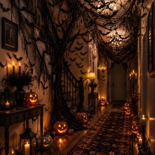 a hallway decorated for halloween with pumpkins and bats on the ceiling, candles and decorations Halloween Hallway black