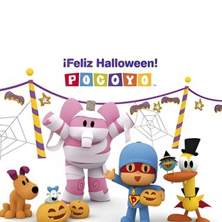 an advertisement for halloween toys with cartoon characters Pocoyo Halloween Pocoyo Halloween, Pocoyo Halloween 2014, Pocoyo Halloween Spooky Movies, white