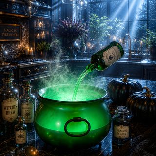 a green pot filled with liquid sitting on top of a table next to bottles and candles Halloween Spooky Cauldron Snakes Potions black
