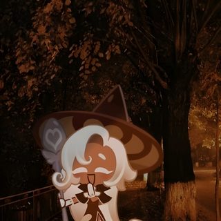 a cartoon character sitting on top of a bench under a tree in the night time Crk Halloween black