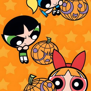 the powerpuff girls cartoon characters with pumpkins Powerpuff Girls Halloween Halloween Powerpuff, Powerpuff Halloween, Powerpuff Girls Fall, dark orange