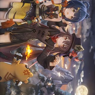 some anime characters are standing in front of a full moon and trees with their arms around each other Halloween Genshin Liyue 4k, Fall Genshin, Liyue Lantern Rite, Halloween Genshin, dark olive green
