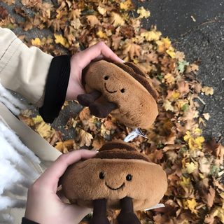 someone holding two stuffed animals in their hands on the ground with leaves all around them Jellycat Halloween Cosy Fall Aesthetic, Jellycat Stuffed Animals, Jellycat Autumn, Fall Things, dim gray