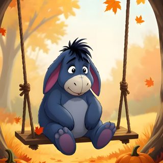 a cartoon character is sitting on a swing in the fall forest with pumpkins and leaves Eeyore Halloween Eeyore Thanksgiving Images, Eeyore Thanksgiving, Thanksgiving Eeyore, peru