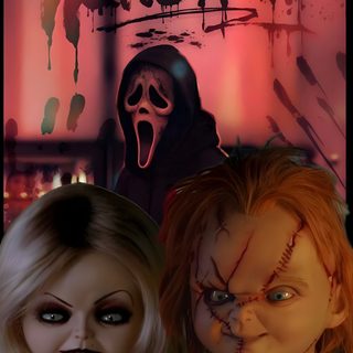 two creepy dolls are standing next to each other in front of a wall with the word halloween written on it Halloween Scary Chucky Halloween Live, Horror Pictures, Horror Movie Icons, Halloween Poster, saddle brown