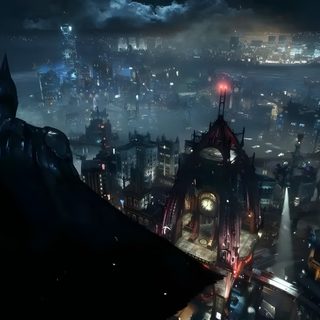 the dark knight rises in batman's new york city at night, as seen from above Arkham Halloween Dark Knight Urban Vigil, Batman Night Cityscape, Batman Overlooking City At Night, dark slate gray
