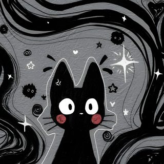 a black cat with stars and swirls on it's face is looking up at the sky Desktop Black Cat Halloween Spooky Laptop, Gothic Tablet, Jiji Desktop, Laptop Desktop Gif, dark slate gray