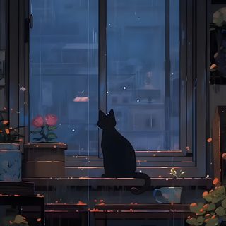a black cat sitting on top of a window sill next to a potted plant Halloween Lofi Moving, Live Screen, Live Iphone, Animes, Love Animation, Japon Illustration, dark slate gray