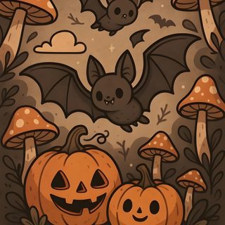 halloween pumpkins with bats and mushrooms in the background Halloween Pumpkin Bat Cute Halloween Poster, Halloween Poster Drawing, Halloween Poster Drawing Ideas, dark olive green
