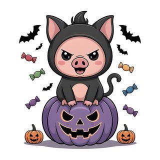 a little pig sitting on top of a pumpkin with bats around it's legs Halloween Pig Halloween Clipart, Doodles, Clip Art, Halloween, Drawings, white