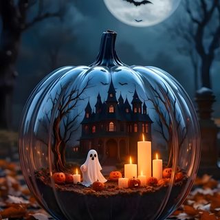 a halloween pumpkin with candles in it Halloween For Home Office Pumpkin, Halloween Moon, Autumn Scenery, Glass Pumpkins, Halloween, dark slate gray