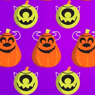 a purple background with orange and black pumpkins on it's sides, which have faces drawn in the middle Monsters Inc Halloween Cartoon Pumpkin Illustration, Diy Halloween Decor Inspiration, Halloween Party Invitation Ideas, medium violet red