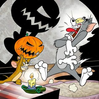 two cartoon characters in front of a full moon with pumpkins and jack - o'- lantern Tom And Jerry Halloween Oggy Halloween, Tom And Jerry Halloween Drawing, Tom And Jerry Cartoon Witch, black