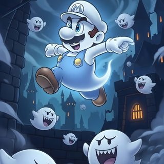 an image of a cartoon character in the air with ghost's around him and onlookers Halloween Mario Gamer, Kaws, Halloween Iphone Backgrounds, Dibujos De Personajes De Disney, dark slate gray