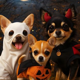 three chihuahua dogs dressed up in halloween costumes with pumpkins and bats around their necks Halloween Chihuahua Chihuahua, Halloween, dark slate gray
