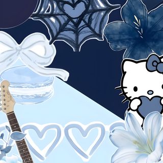 an image of a hello kitty wallpaper with blue and white flowers, guitar, headphones, and other items Blue Hello Kitty Halloween Hello Kitty, Blue Hello Kitty, Kitty, Blue,