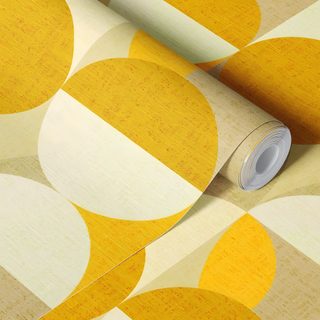 an orange and yellow wallpaper with circles on it's side, next to a roll of tape Halloween Circle Geometric In Ochre Mid Century Modern, Modern, Wall Graphics, Paste, burlywood