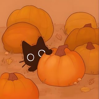a black cat peeking out from between pumpkins on the ground in front of an orange background Cute Cat Halloween Cartoon Fall Backgrounds, Cute Fall Aesthetic, Cute Cat Halloween Cartoon, peru