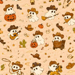 an image of a halloween pattern with dogs and pumpkins Cowboy Ghost Halloween Halloween Fabric, Digital Background, Playing Guitar, Horse Riding, navajo white