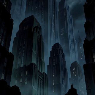 the dark knight rises in batman's cityscape at night with bats flying overhead Batman The Long Halloween black