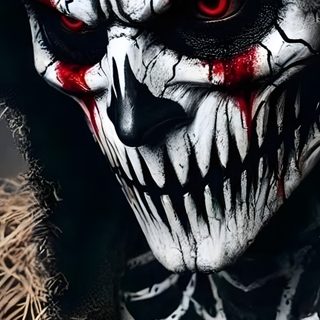 a creepy clown with red eyes and white makeup Halloween Face Skeleton Half Face, Scary Skeleton Face Drawing, Scary, Scary Mask Art, dark slate gray