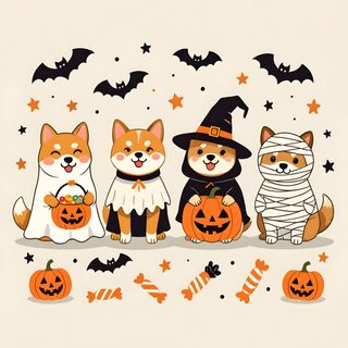three corgi dogs dressed up as witches and pumpkins with bats around them Shiba Inu Halloween Shiba Inu Halloween, Shiba Inu Halloween Drawing, Pumpkin Shiba, antique white