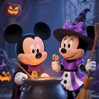 two mickey mouses dressed up as witches in front of a caulder filled with candy Mickey And Friends Halloween Backgrounds Mickey Mouse Illustration, Halloween Time At Disneyland, Mickey Mouse Invitations, dark slate gray