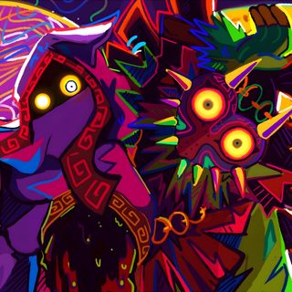 an abstract painting of two people in front of a purple background with yellow and orange lights Legend Of Zelda Halloween Majoras Mask Banner, Majoras Masks, Zelda Majoras Mask Fanart, maroon