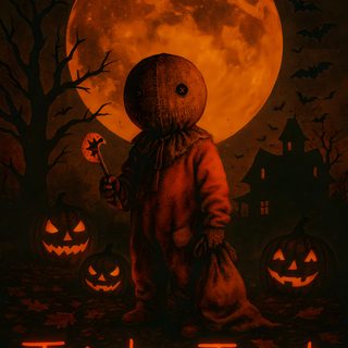 a trick'r treat poster with a creepy scarecrow holding a jack - o - lantern Halloween Sam Sam From Trick Or Treat, Trick R Treat Sam Iphone, Trick Or Treat Sam, black