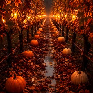 a row of pumpkins in the middle of a tree lined path with lights on them Halloween Pumpkin Path Halloween, maroon