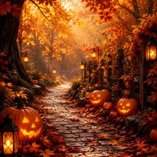 a pathway with pumpkins and lanterns lit up in the fall leaves on both sides Halloween Nature Fall, Autumn, Halloween Scenery, Pumpkin Aesthetic, Fall Background, Halloween, saddle brown