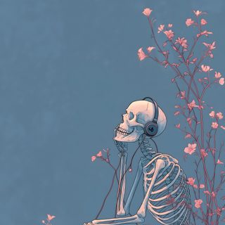 a skeleton sitting on top of a pink flower covered field next to a blue sky Cute Halloween Skeleton Aesthetic Art, Art Series, Creative Art, Bone, Dark Art, light slate gray