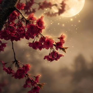 the full moon shines brightly in the night sky with pink flowers on tree branches Moonlight Flowers Halloween Floral Magical Creature, Fantasy Lovers, Storytelling, Wonder, saddle brown