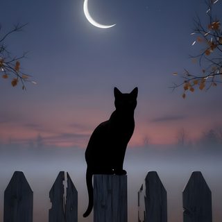 a black cat sitting on top of a wooden fence under a crescent moon and stars Halloween Black Cat Halloween Iphone Cat, Black Cat Silhouette, Cat Silhouette, dark slate gray