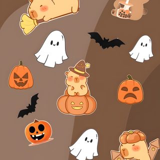 an image of halloween stickers with cats and pumpkins on them, all in different shapes Cute Capybara Halloween Capybara Pet, Hunter Girl, Halloween, Demon Hunter, sienna