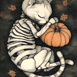 a drawing of a cat sitting on top of a skeleton with a pumpkin in its paws Kitty Skeleton Halloween Cats Spooky Art Art Spooky Halloween Drawings, Halloween Cat Drawing Ideas, Spooky Drawings Halloween, dark slate gray