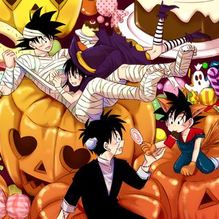 an image of anime characters surrounded by pumpkins Halloween Goku Krillin Halloween, Halloween Goku, Goku Thanksgiving, Kid Goku Halloween, peru