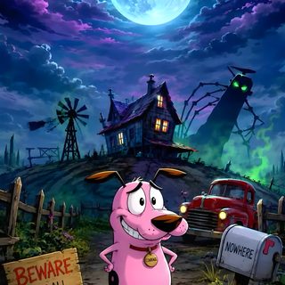 a cartoon character is standing in front of a creepy house with a sign that says beware Cartoon Network Halloween Complex Cartoon, Courage The Cowardly Dog Aesthetic, Cartoon Network Characters, dark slate gray