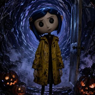 a doll is standing in the middle of a dark tunnel with pumpkins around it Halloween Characters black
