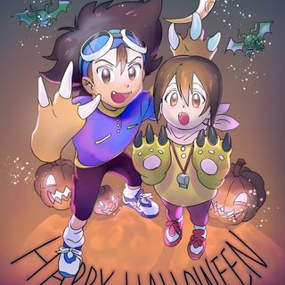 two girls standing next to each other in front of a halloween scene with bats and moon Digimon Halloween Digimon Tai And Agumon, Witch Digimon, Pokemon And Digimon Crossover, Tai Kamiya, dim gray