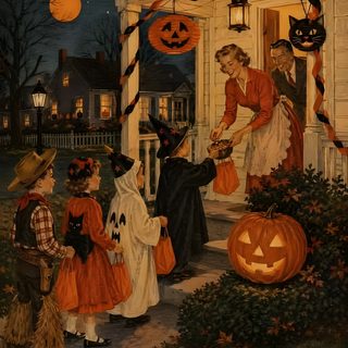 a painting of children dressed up as witches and pumpkins on the front steps of a house Nostalgic Halloween dark olive green